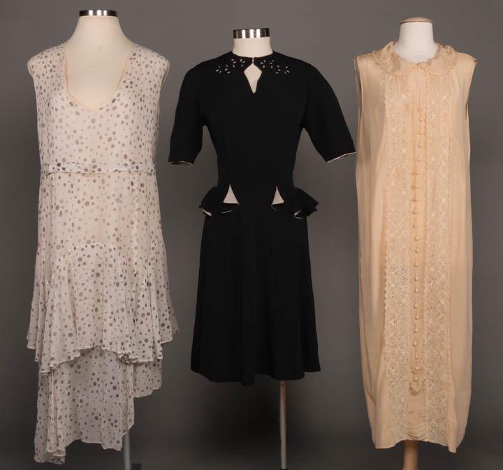 TWO DAY DRESSES & ONE TEA GOWN, 1920s & 1940s: 1 2-pc day dress in ivory w/ flocked purple polka dot w/ hand painted faux stitching & matching jacket, late 1920s, B 48", W 44", L 43.5-53", (seam binding at neck & sleeves damaged, period repairs CF