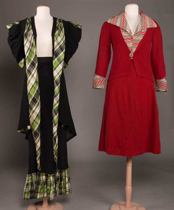 TWO DAY ENSEMBLES, 1940s: 1 2-pc c/o black & jacket w/ green plaid taffeta lining, CF ties & open SH accent to leg o' mutton sleeves, open front, long silk skirt w/ pleated matching taffeta ruffle, late 1930-early 1940s, B 35.