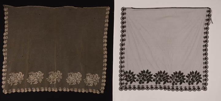 TWO RUNNING NET EMBROIDERED BONNET VEILS, 1830s (1 of 8)