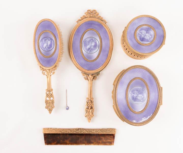 GILT & LAVENDER GUILLOCHE DRESSING SET, FRANCE, 1920s (1 of 10)