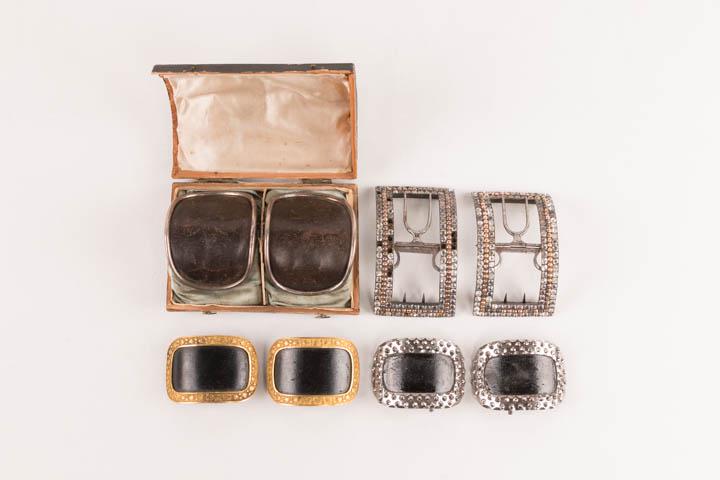 FOUR MANS SHOE BUCKLES, ENGLAND, MID-LATE 18th C.: 1 pair man's shoe buckles of leather & silver w/ functional closure, in papercover wooden box, halmarks of Lion & profile of George III, date mark "S", c. 1794, 3" x 2", (leather scuffed, tarnish, 1 s