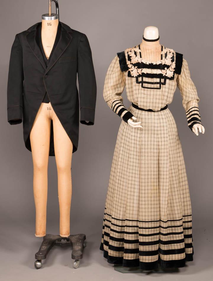 WEDDING GARMENTS & DAY DRESS, AMERICA, c. 1910: Groom's black wedding coat & vest, label "Lee Bros, Decorah Iowa", C 40", L 35", vest C 38", L 17", excellent; 1 traveling dress for honeymoon in plaid weave w/ high collar, front & back yoke trimmed 