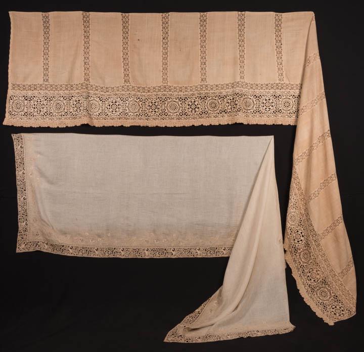TWO ALTAR FRONTALS, ITALY, 16TH C (?): 1 long w/ multi-banded bobbin lace vertical insertions & long horizontal bobbin lace & Renaissance style Reticello needle lace edged w/ bobbin lace, most likely 16th C, 148" x 29", (small holes & repa