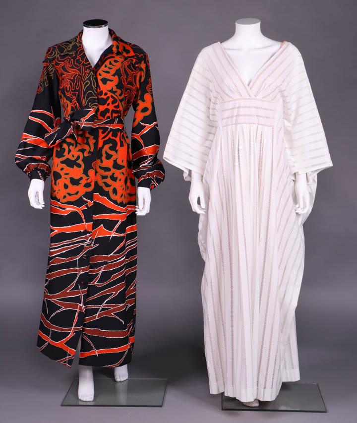 TWO DESIGNER HOSTESS DRESSES, FRANCE & AMERICA, 1970s: 1 black, orange, brown, white & olive foliate print w/ broad swallow tail collar, long bishop sleeves w/ single self button cuff, CF self covered button closure & original wrap belt, label "Lanvin, Pa