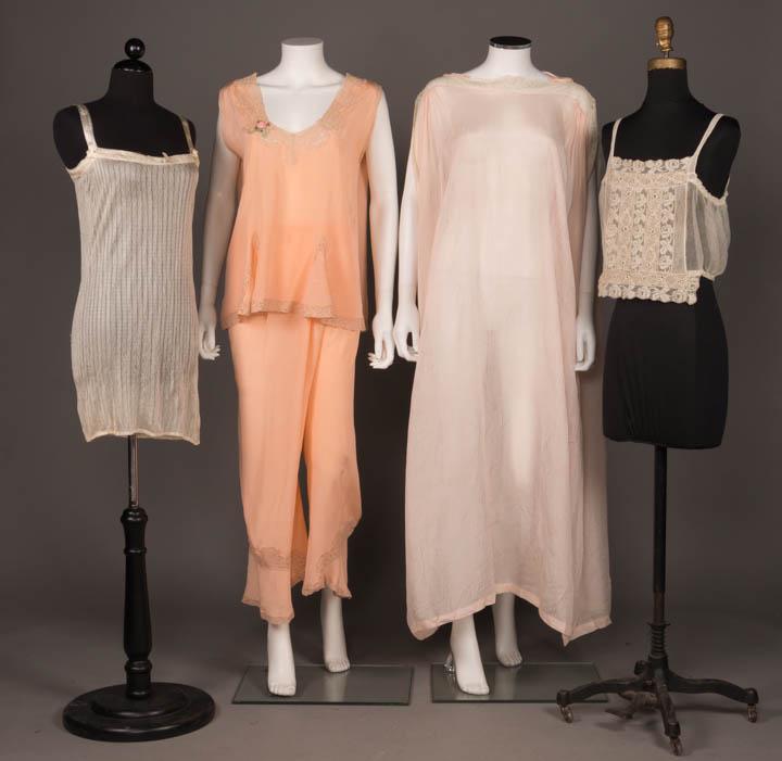 FIVE PIECES OF LINGERIE, 1910-1930s: 1 cream silk short tube slip w/ ribbon SH straps & rosettes, 1920's, B 36", L 32", (ribbons fraying, repair left of CF lap, pulls to right H) fair; 1 peach silk pajama set c/o sleeveless blouse & pant
