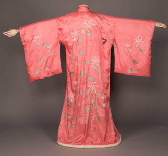 EXPORT KIMONO ROBE, EARLY 20TH C: 1 pink silk w/ stylized chrysanthemum blossom & branch motif w/ butterflies, lined in cream China silk, narrow padded hem, matching sash belt w/ tasseled fringe, label "Sing Fat Co. Dragon Trademark",