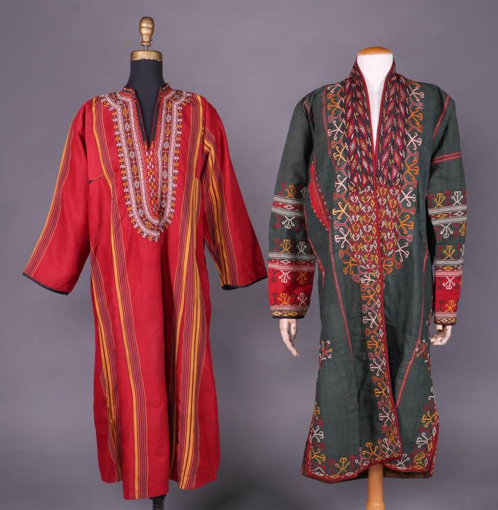 ONE CHAPAN & ONE CHERPI, TURKMENISTAN, LATE 19TH-EARLY: Both w/ tablet woven borders & inserted contrasting underarm godets: 1 crimson chapan w/ woven stripes & hand embroidered neckline, Turkmenistan, early 20th C, CH 47.5", L 45.5", (0.75" tear at CB sea