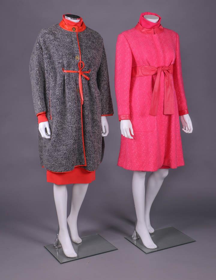 TWO BONNIE CASHIN ENSEMBLES, AMERICA, 1960-1969: All label "Sills, a Bonnie Cashin Design": 1 set w/ faux astrakhan barrel coat w/ orange leather band collar, cuff & CF W tie, CF brass toggle closures & oversize D-shaped pockets, B 67", L 39", (leat