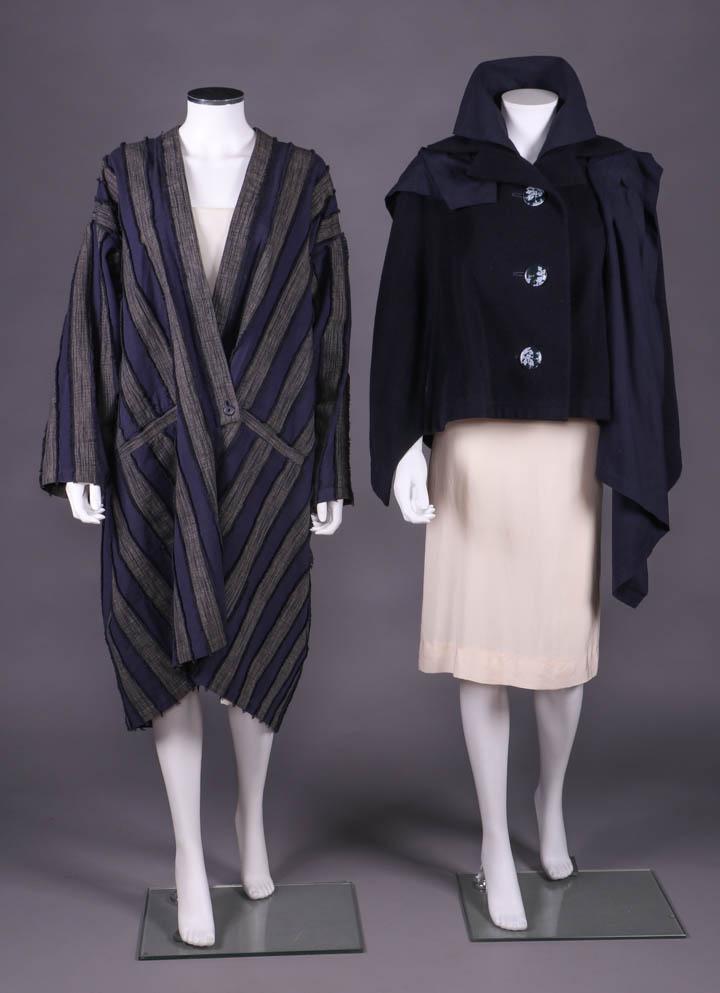 TWO ISSEY MIYAKE COATS, JAPAN, 1980s & MODERN: Both labeled "Issey Miyake”: 1 cotton blend coat in woven warp intermittent stripe finished w/ narrow fringe at both edges w/ cross over button front, slit pockets finished w/ striped border, diagon