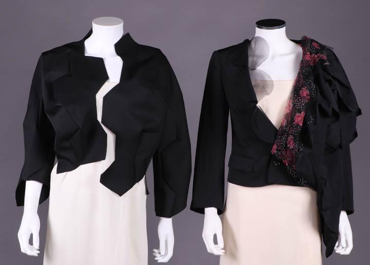 TWO COMME DES GARCONS JACKETS, JAPAN, MODERN: All label "Comme des Garcons": 1 black synthetic architectural blazer geometrically pieced w/ asymmetrical front opening, B 51", L 18"-22", (care instruction tag cut out, faint marks left side of B) v
