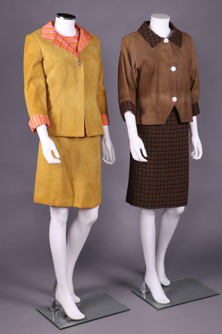 TWO BONNIE CASHIN SUEDE ENSEMBLES, AMERICA, 1952-1970: Both label "Sills, A Bonnie Cashin Design": 1 butterscotch suede jacket lined in woven stripe cotton sateen overprinted w/ tangerine & pink, 1 princess line fitted tank top w/ snaps at SHs, 1 suede sk