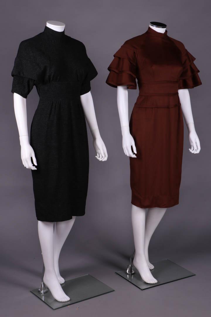 TWO WOOL DAY DRESSES, 1950s: 1 black & grey wool check w/ tucked dolman sleeves, broad inset W band, skirt shaped w/ darts & gathers into W, black silk lining, B 41", W 26", L 42", very good; 1 cocoa brown cashmere broadcloth dre