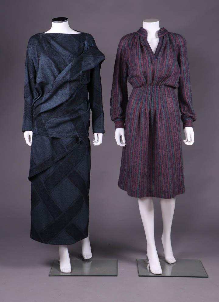 WOOL ISSEY MIYAKE & MISSONI ENSEMBLES, JAPAN & ITALY,: 2-pc ensemble in teal & black Rayon & wool blend in oversized basket weave pattern, blouse w/ bateau neckline, attached batwing sleeve, attached left SH drape gathered & twisted over right H to show r
