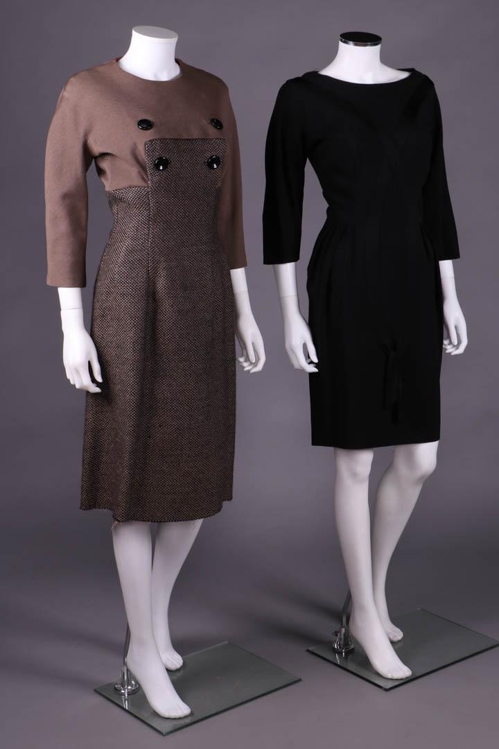BALMAIN & IRENE DAY DRESSES, PARIS & AMERICA, 1952 & 55: Military style sheath dress w/ bodice of fine double knit cumin colored wool jersey & modified twill basket weave body in shades of brown wool, double row of decorative buttons at B, lined w/ silk cre