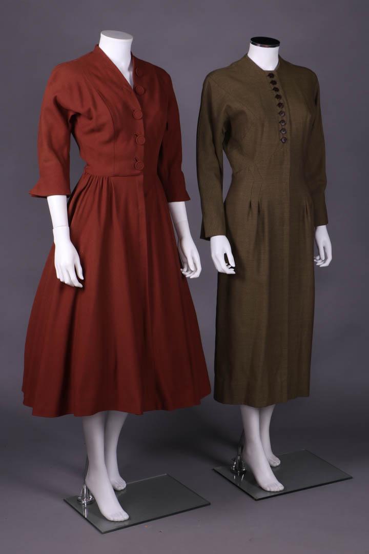 TWO IRENE DAY DRESSES, AMERICA, 1947-1950: 1 cinnamon wool w/ batwing sleeve, neck opening edged w/ oversized self-covered buttons continuing down CF to W, c. 1947, label "Irene, Exclusively for Fredricks & Nelson, Seattle", B 39", W 24.5", L 