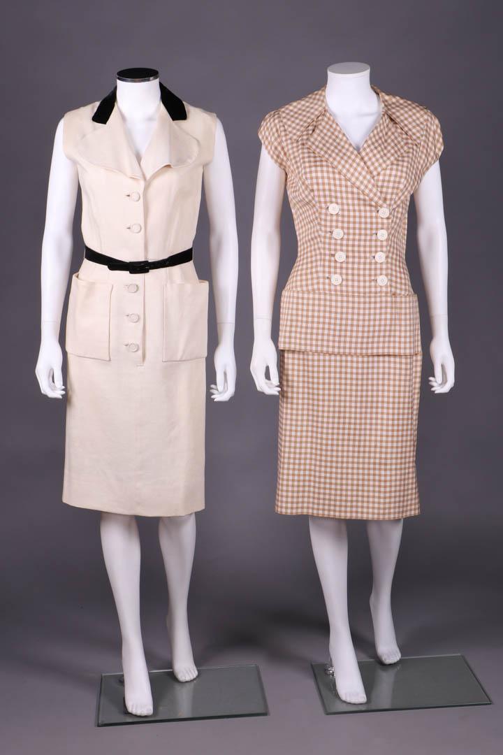 TWO DESIGNER DAY DRESSES, AMERICA, 1950-1955: 1 cream linen sleeveless sheath w/ tabbed black velvet Mickey Mouse collar, self covered buttons, patch pocket at H, shaped black velvet belt, 1950-1955, label "Hannah Troy Original", B 38", W 23.5", 