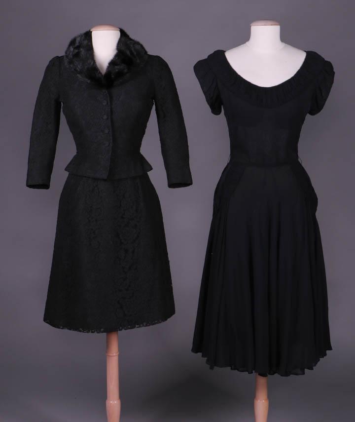 TWO BLACK DAY DRESSES, 1940-MID 1950s: 2-pc black guipure lace scoop neck sleeveless dress w/ souffle insert at neckline front & back, inserted faux belt W line, six panel flared skirt & matching fitted jacket w/ black ranch mink trimmed c