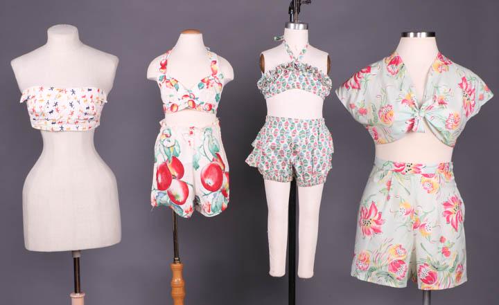 SET BEACHWEAR SETS, AMERICA, EARLY 1950s: 1 cotton printed bandeau top w/ fold down tabs at neckline in cutout animal, human & plant motif on white ground, boned bodice, B 29.5"-31", L 2.25"-6.5", (large light green stain under right B); 2-pc