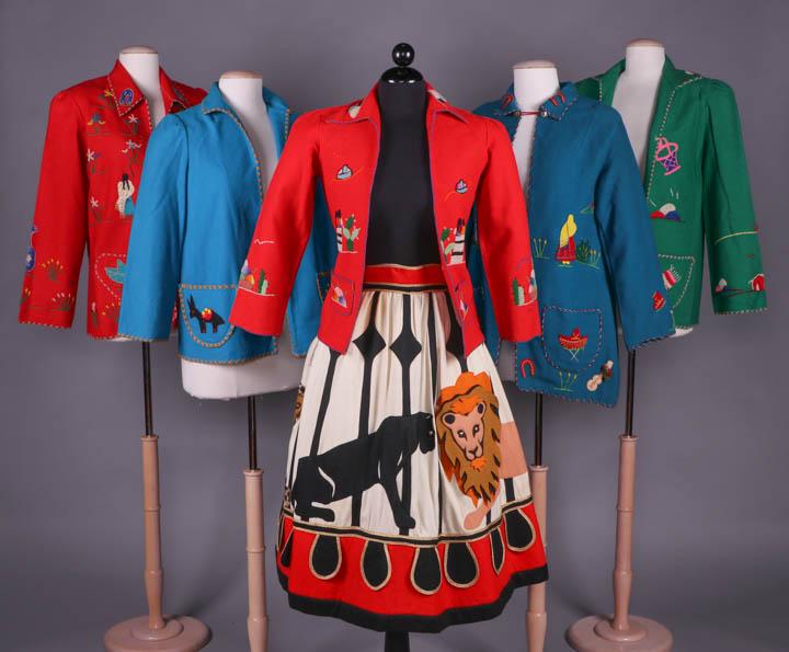SOUVENIR JACKETS & SKIRT, MEXICO & AMERICA, 1930-1960s: 1 circus motif skirt w/ of cream cotton twill w/ wool appliques, label "Malcolm Starr", W 26", L 29", (discoloration below W, pulls to gold trim, red pilling) good; 5 wool jackets all w/ wool applique