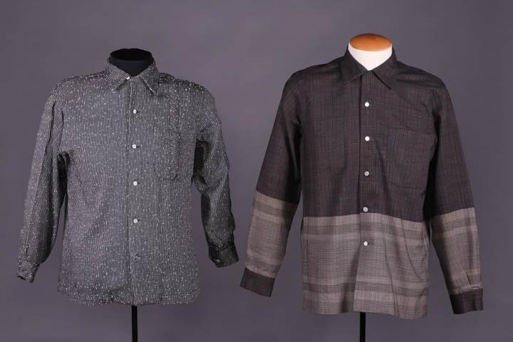 TWO ADRIAN MANS SHIRTS, AMERICA, 1950s: 1 black & white slub striped cotton blend shirt, left patch pocket & front SH w/ chevron inlay, MOP buttons, label "Adrian, Designs for Men" & "Miss Jackson Shop, Tulsa", CH 46", L 27.5", (label frayi