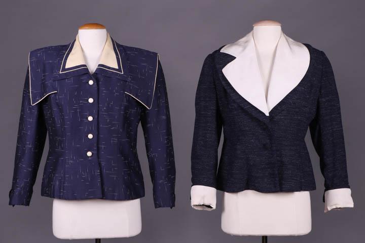 TWO LILLI ANN DRESS JACKETS, SAN FRANCISCO, 1940-1950s: Both label "Lilli Ann of San Francisco": 1 blue & white jacket in double Ikat w/ piped, extended SH epaulet panels, piped self collar w/ inlaid cream wool crepe reveres, white CF button closure, turn