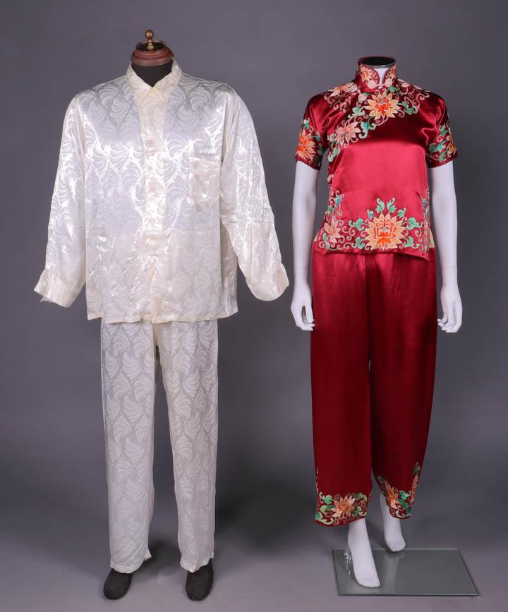 TWO SILK PAJAMAS, AMERICA & CHINA, 1930s & 1950s: 1 mans white frond patterned satin weave pajamas, CF button down shirt & drawstring W, button fly pant, label "Bulllocks, Los Angeles", CH 52", L 29.5", pant W 10"-44", L 41.5", (0.25"stain underside 