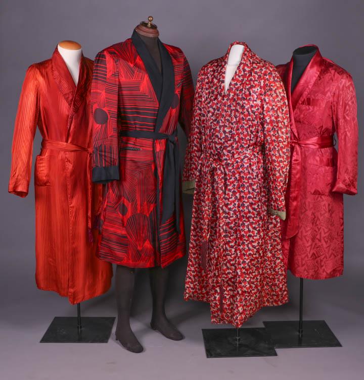 FOUR MANS DRESSING ROBES, AMERICA, 1930-1940s: 1 cinnamon satin w/ graduated stripes, patch pocket, embroidered monogram at B, label "Glover World Fashions", CH 44", L 50", (light stains upper left SH & CH, small holes CB, lower back & seat, stain