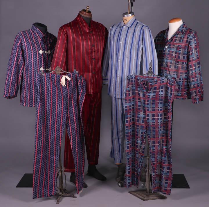 FOUR MANS PAJAMAS, NEW YORK, 1940-1950s: 1 silk w/ white circles & pink interrupted stripe on navy ground, woven corded frog closures trim adapted to buttons, label "Manhattan Pajamas", CH 45", L 29", pant W 39", L 42"; 1 cotton w/ complex p