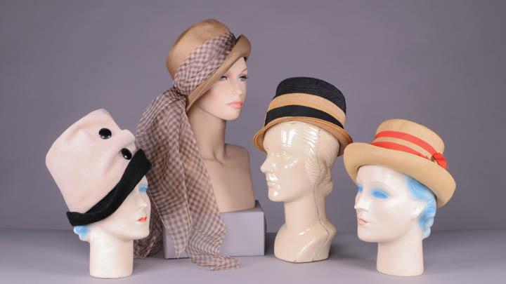 THREE LILY DACHÉ & ONE MR. JOHN HAT, AMERICA, 1950-1950: 1 cream fur felt w/ black felt brim stitched w/ finely tucked convertible brim, button held CF self tuck, label "Mr. John Jr.", circumference 21.5", size 6.75, Ht 5-5"-6.75", (snacks throughout) good;