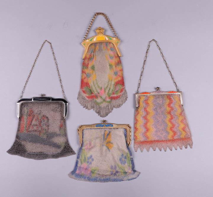 FOUR PAINTED MESH PURSES, AMERICA, 1925-1930s: 1 w/ woodland scene & black enameled frame, stamped "Whiting & Davis", 5.5" x 6.5", (paint chipping, light tarnish); 1 w/ blue enamel frame & butterfly & blossom motif, stamped "Whiting & Davis", 6.5"