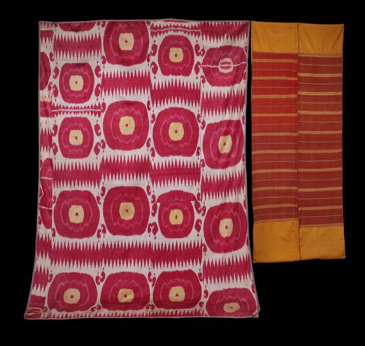 ONE IKAT PANEL & ONE CIRCULAR SHAWL, UZBEKISTAN, 19th C: Ikat panel in red, cream & yellow w/ tablet woven border in blue, yellow, purple & white, 60.5” x 87”, 19th C, (original cotton lining removed, spot stains throughout, 1" cut to one edge, 0.5" wor