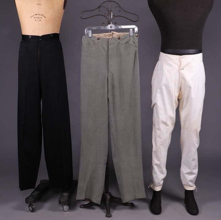 TWO MANS TROUSERS & ONE UNDER DRAWERS, NEW YORK, 1890s: 1 black wool w/ fly front & front side pockets, back buckle, linen & cotton lined, 1890, W 28", L 42.5", inseam 30.5", (8" seam opening at fly, snacks across lap & seat at CB W band, 0.5" tear CB V, s