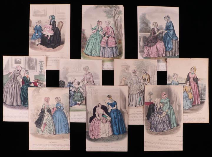 TWENTY SIX LA MODE FASHION PLATES, 1840s: 18 hand colored, c. 1847, 5.75-6" x 8.5-9", (discoloration, chipped edges, light foxing); 8 hand colored, 1840s, 5.75" x 9", (discoloration, chipped edges, foxing) all fair- very good. From the Collec