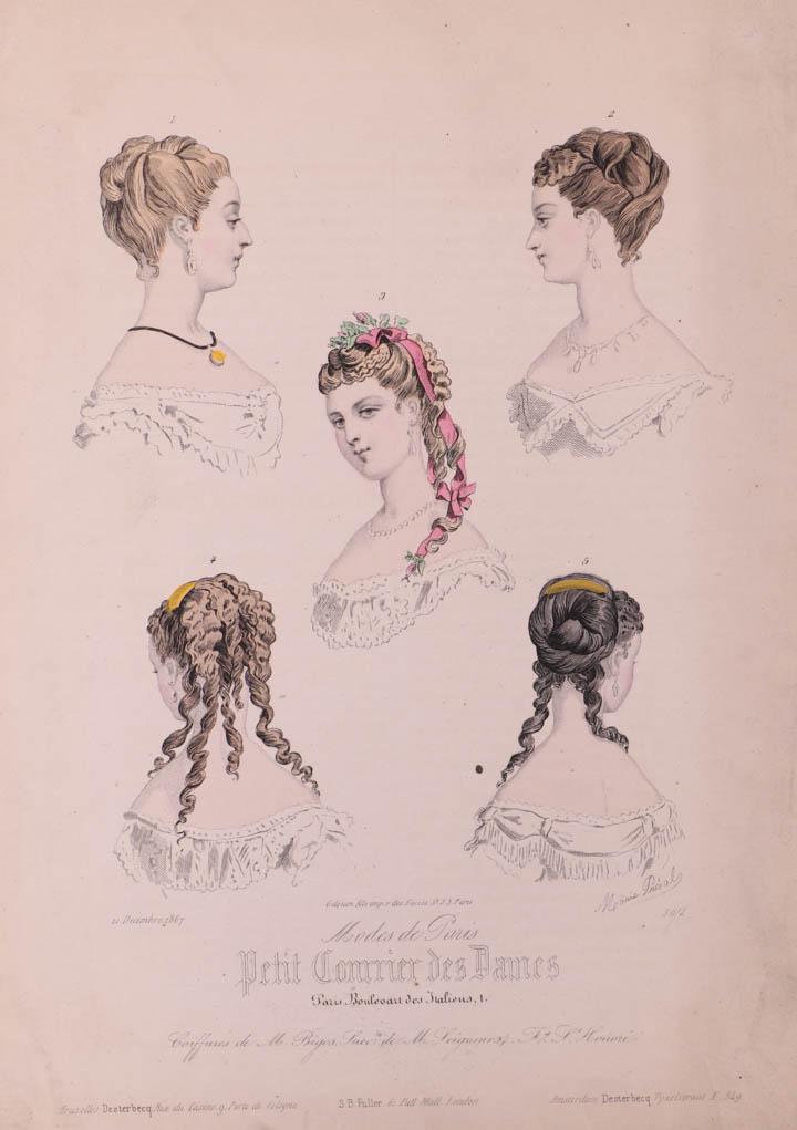 LARGE LOT OF ACCESSORY PLATES, FRANCE, 1850-1860s: 24 color, 6 black & white: 6 "Le Conseiller Des Dames et Des Demoiselles", June, 1863-September, 1864; 9 "Les Modes Parisiennes", 7.5-8"x10.25-10.75", 3 "Le Moniteur de la Mode", April & June, 1851 & 