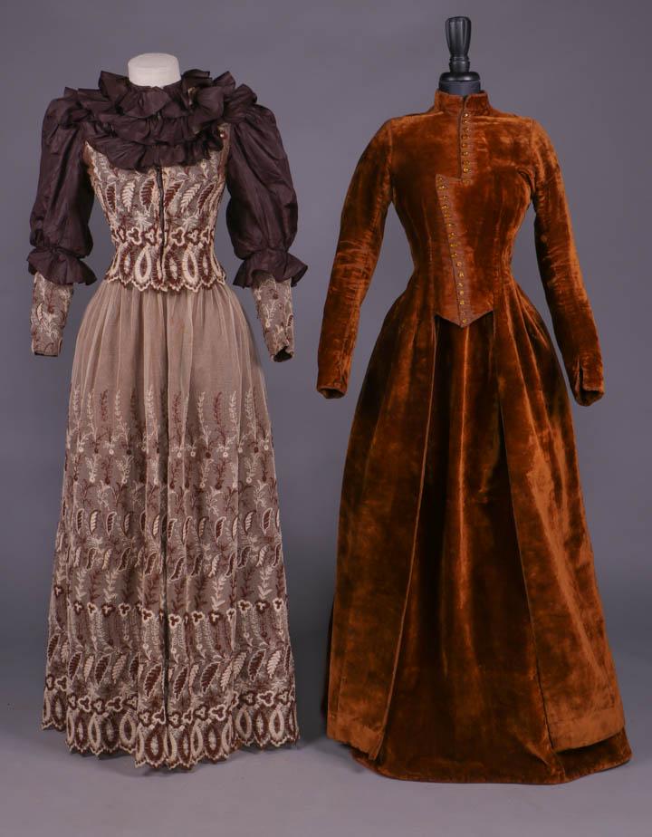 TWO BROWN DAY DRESSES, c. 1885 & 1892: 2-pc net gown Schiffli embroidered in stylized floral & foliate bands in brown & cream, trimmed w/ brown silk taffeta ruffled collar & oversleeves gathered below elbow w/ attached embroidered cuffs, u