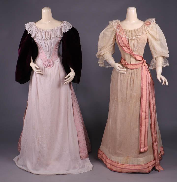 TWO EVENING GOWNS, c. 1892: 2-pc of pink & taupe patterned stripe w/ floral sprigs, full purple silk velvet sleeves, silk crepe stomacher & collar w/ metallic sequins, skirt w/ crepe front panel, self bows CB & CF, B 37", W 23",