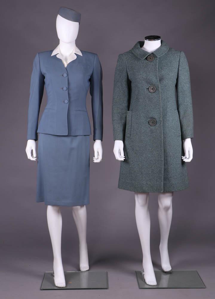 TWA AIRLINE UNIFORM & BALMAIN COAT, AMERICA, 1940-1950s: 3 pc ensemble c/o blue skirt & jacket in seafoam blue wool, bound horizontal H pockets, white cotton blouse w/ notched collar, removable shank buttons, & military style toque for TWA, 1940-1950, label