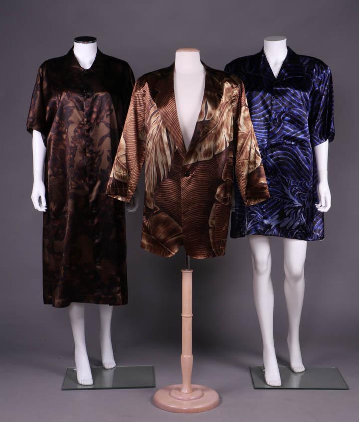 THREE YAMAMOTO LADIES TOPS, JAPAN, 1980-1990: All w/ label "Yohji Yamamoto": 1 brown leaf coat dress in stylized kelp motif in shades of brown, short dolman sleeve, 2 H patch pockets, CF button closure, B 52", L 46.5", (2.5" thin white line left 