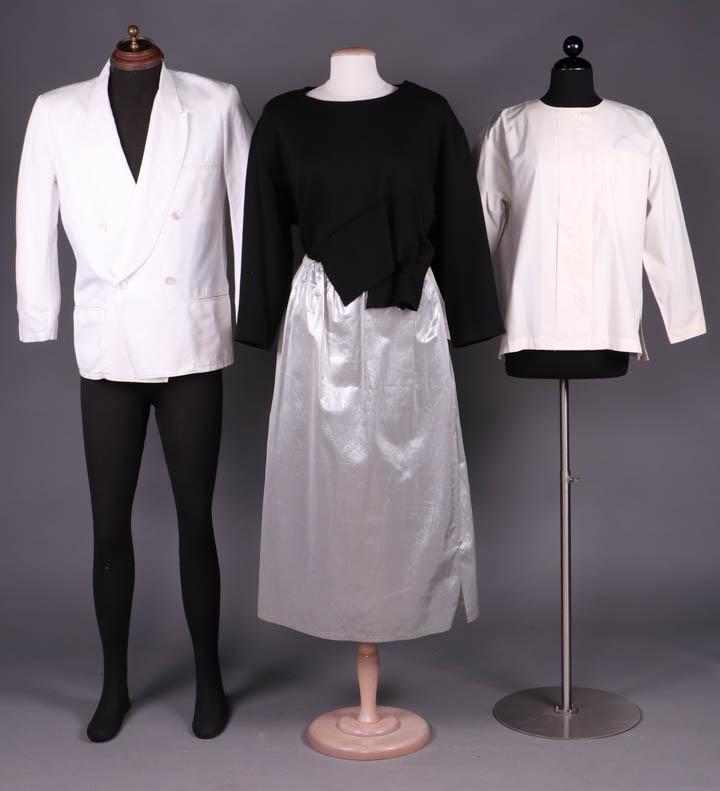 THREE YAMAMOTO & ONE MIYAKE SEPARATES, JAPAN, MODERN: 1 man white summer jacket in cotton twill sateen, cross over front w/ paired MOP buttons, slit pockets, 4 button closure at sleeve, label "Y's", CH 44", L 29", (2 tiny wear holes left sleeve); 2 panel