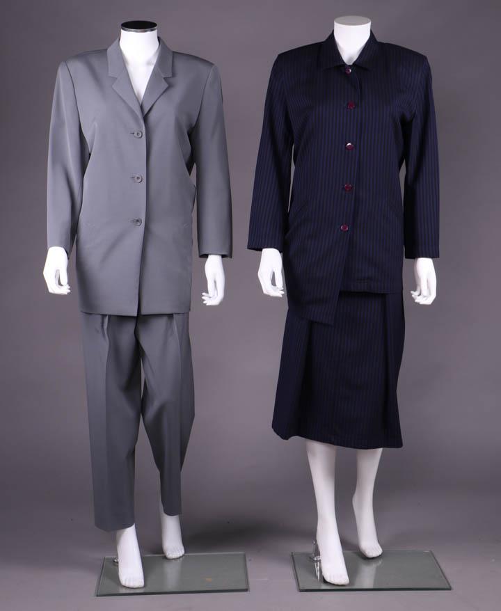 TWO ISSEY MIYAKE LADIES SUITS, JAPAN, MODERN: 1 grey pant suit, jacket w/ diagonally seamed fullness at back for tulip shape, trouser w/ deep front pleats & full H, label "Issey Miyake", B 43", L 31.5", pant W 27", L 40", inseam 28.5", (few tiny 