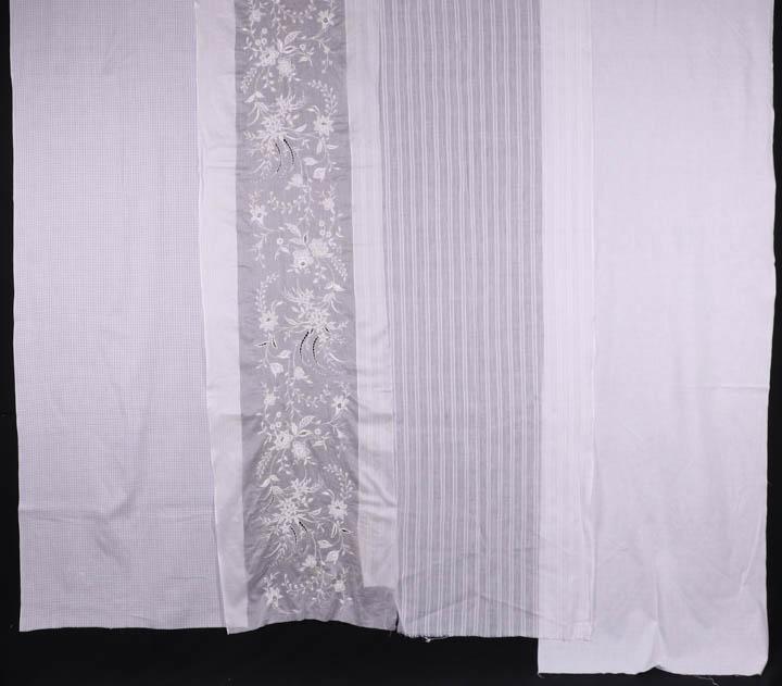 SIX LENGTHS OF DEADSTOCK YARDAGE, 20TH C: 1 Indian cotton dimity yardage, 26.75" x 7+ yds; 1 wider stripe Indian cotton dimity yardage, 28" x 5 yds, (5"x5.5" swatch removed from corner, dirty at edges); 1 cotton lawn w/ Philippine floral embr