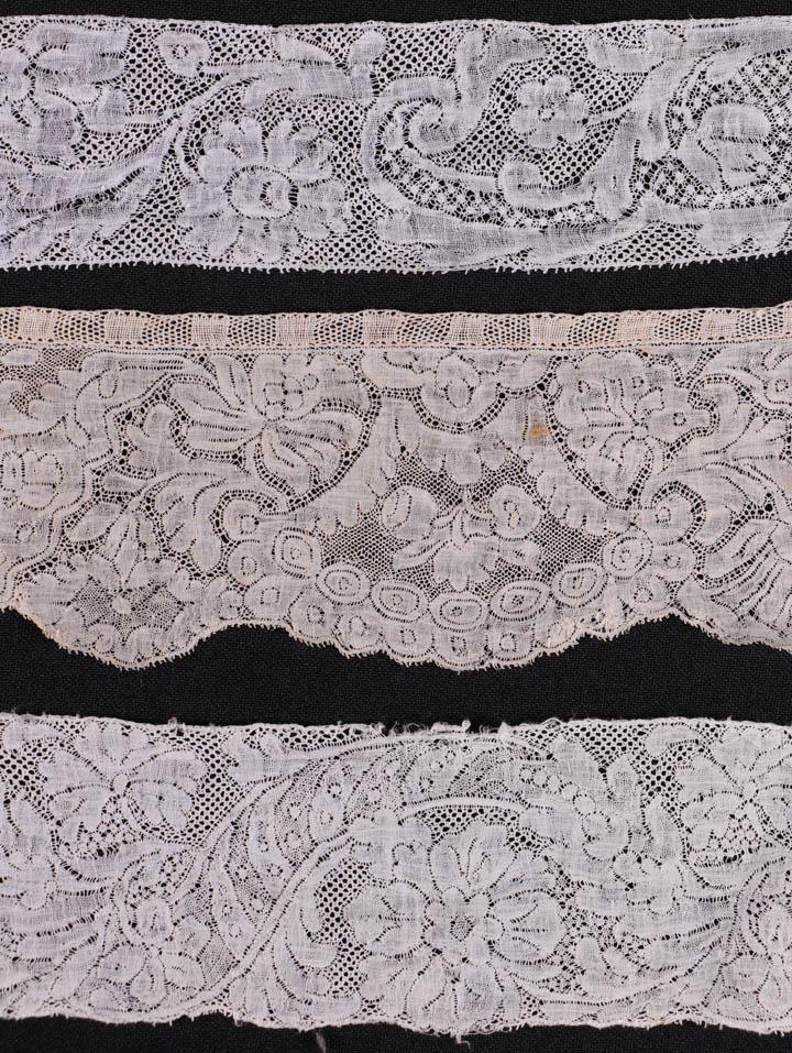 LOT OF FLEMISH BOBBIN LACE, 17TH-18TH C: 3 pieces Flemish Valenciennes lace, all 17th-18th C: 1 wide piece, 10" x 3+ yds, (some holes); 1 long medium width, 7.5" x 6 yds, (some holes, light fraying at edges); 1 four-piece seamed together, c.