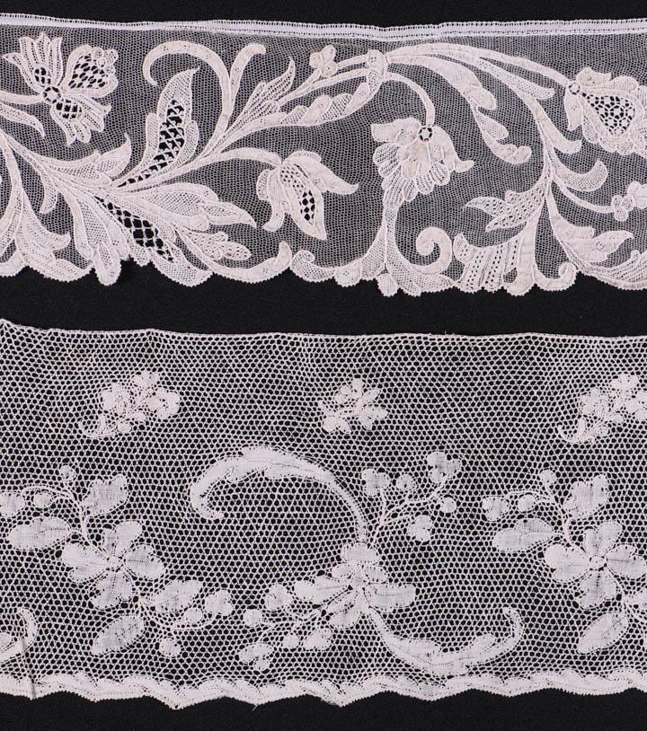 MILANESE, MECHLIN & ARGENTAN LACE YARDAGE, 17TH-19TH C: 1 Mechlin, 19th C, 9.5” x 2+ yds, (tiny-1.25" holes, fraying edges); 1 Mechlin, 18th C w/ net flounce at edge, 15" x 6 yds, (flounce added later & missing for 76.5", tiny-1" holes, tiny stains cente