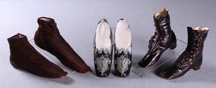 TWO PAIR BOOTS & ONE PAIR EVENING SLIPPERS, 1850-1870: 1 pair ladies chameleon flats in brown glazed kid w/ cutout vamps & blue silk satin underlay w/ fine chain stitch edging & decoration, silk lining, c. 1855-1865, label "Este, Paris", L 9.5", Wd 2.5", 