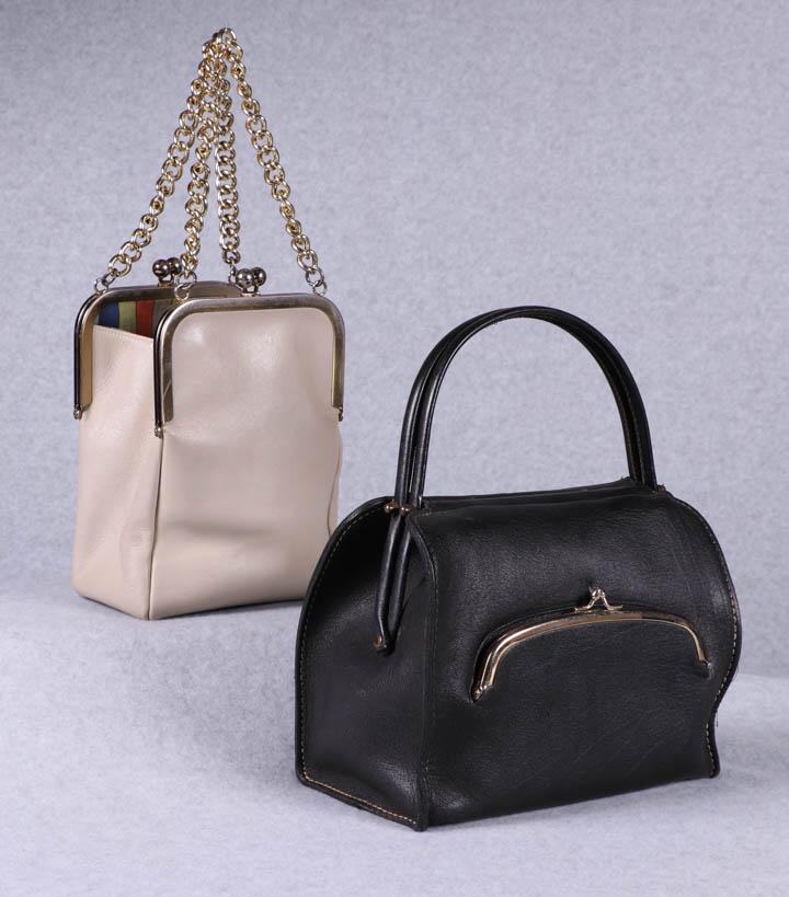 TWO BONNIE CASHIN FOR COACH HANDBAGS, AMERICA, 1960s: 1 cream paper bag style handbag w/ 2 sides forming deep coin purses, heavy gilt chain handles, multicolored striped cotton interior, brass feet 7" x 4" x 9", (hardware w/ light wear/scratches, tiny-0.