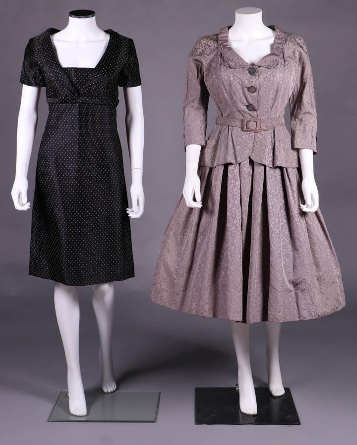 TWO DIOR DAY DRESSES, PARIS & NEW YORK, 1950-1960: 1 black silk satin resist print w/ miniature blush polka dot, shawl collar, short cap sleeve, bandeau front to interior snap closure, slender self-belt to high W w/ left side hook & eye closure, CF zi