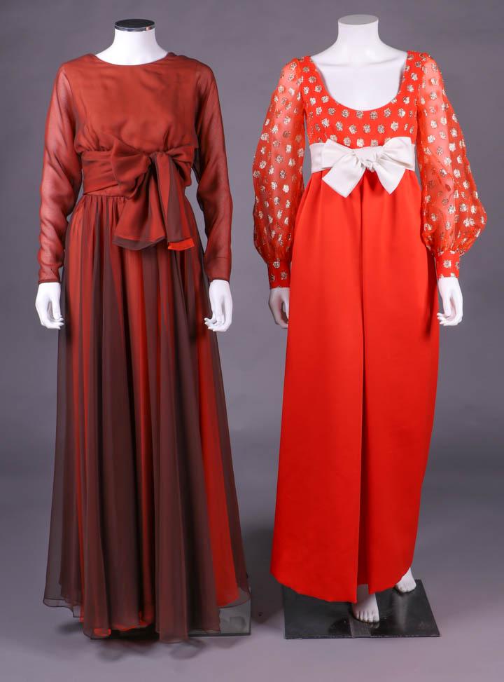 TWO GEOFFREY BEENE EVENING GOWNS, NEW YORK, 1970-1980s: Both label "Geoffrey Beene Boutique": 1 double layer chiffon brown over orange w/ nude silk crepe under sheath, draped long dolman sleeve, high scooped neckline to plunging square back, obi style sash