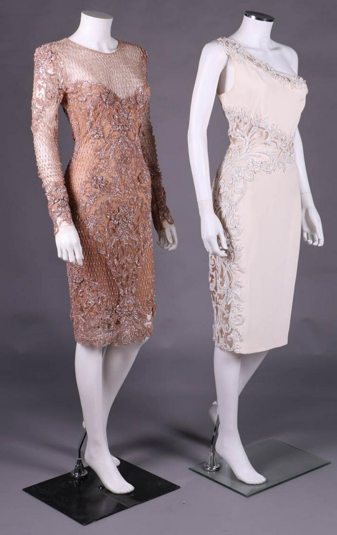 TWO LORENA SARBU INTRICATELY EMBROIDERED DRESSES, NY: Both modern & labeled "Lorena Sarbu": 1 long sleeve fitted sheath of nude net encrusted in bugle, seed beads & prong set paste round brilliant & marquis in baroque motif beading w/ strapless nude silk