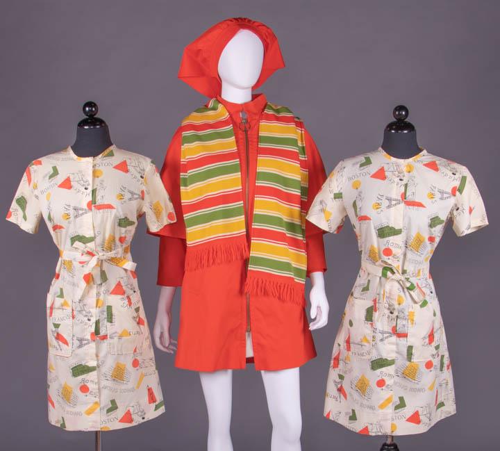 DALTON FOR TWA POPPY FLIGHT ATTENDANT UNIFORMS, 1968-71: 1 tomato red raincoat w/ standing collar, ring pull zip closure, incorporated raglan SH cape, slit pockets to H, & matching banded head-covering w/ TWA cast button, & poppy collection striped scarf in
