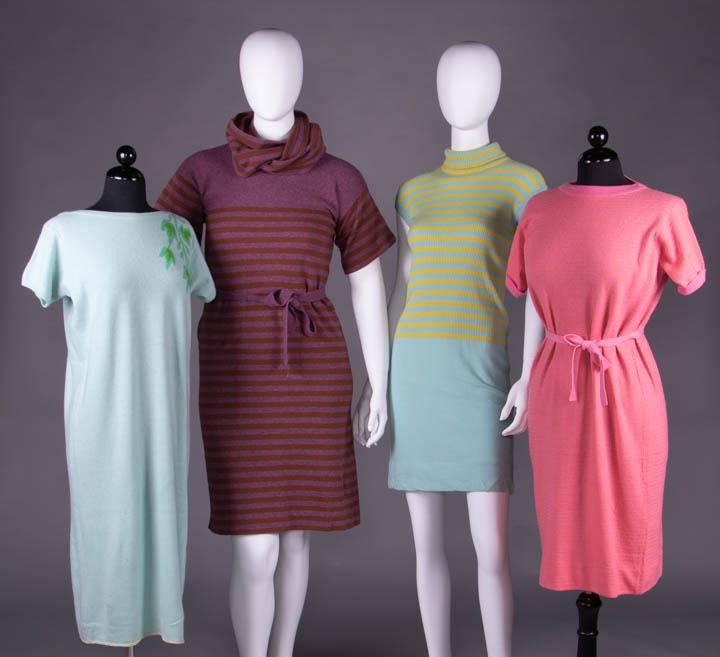 FOUR BONNIE CASHIN SWEATER DRESSES, SCOTLAND: 1960-1970's: 1 azure cashmere w/ green 2-tone insarsia leaves to left front SH, label "Designed by Bonnie Cashin", B 42", L 43", (hem stained); 1 plum & cinnamon striped lambswool w/ slender tie belt